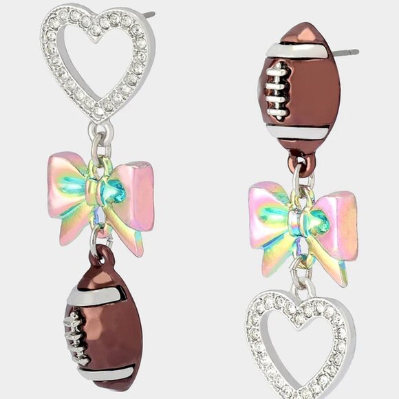 Betsey Johnson Jewelry - NWT$45 BETSEY JOHNSON Football Heart Iridescent Bow Silver Tone Drop Earrings